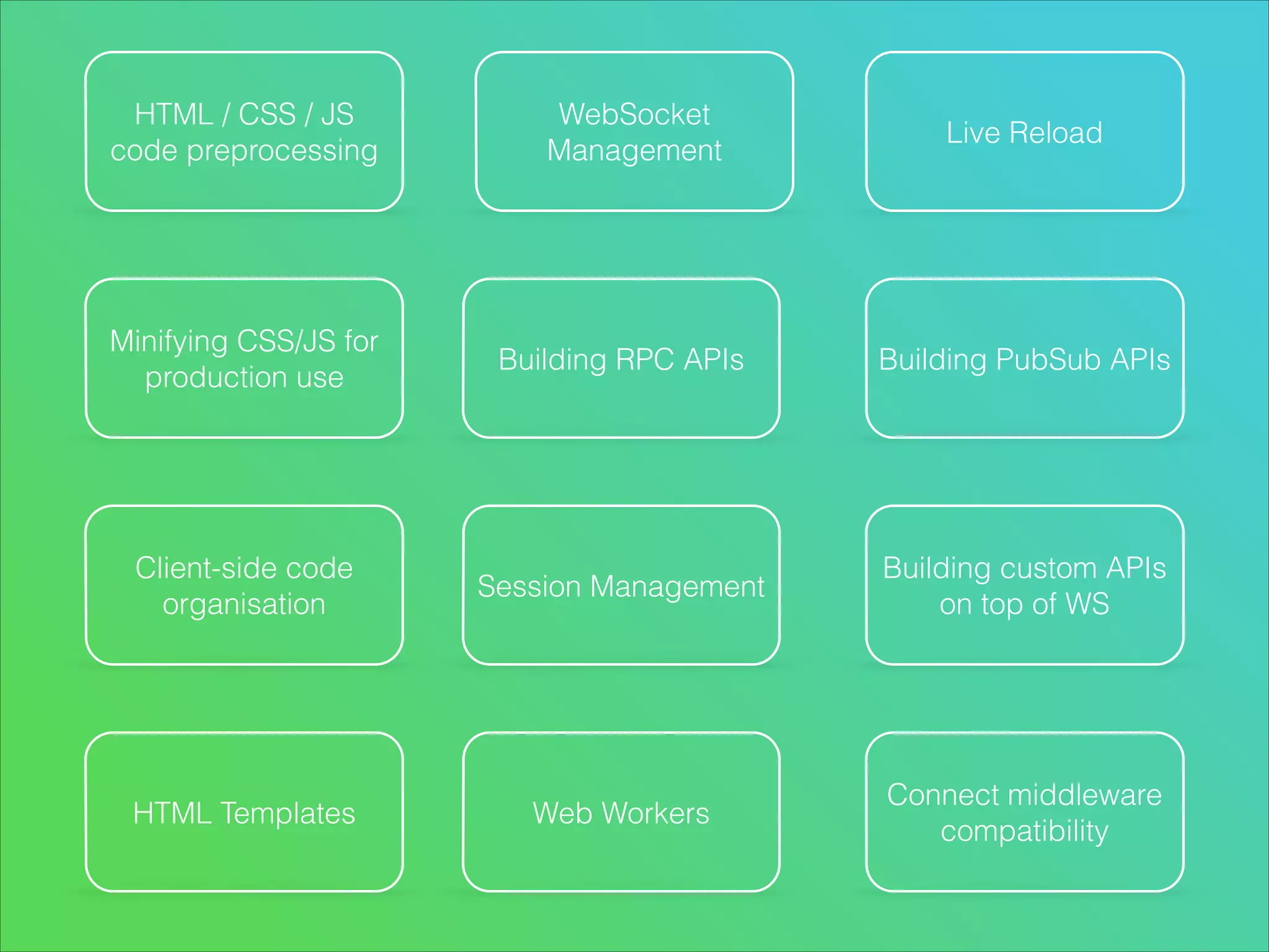 HTML / CSS / JS
code preprocessing

Minifying CSS/JS for
production use

Client-side code
organisation

HTML Templates

WebSocket
Management

Live Reload

Building RPC APIs

Building PubSub APIs

Session Management

Building custom APIs
on top of WS

Web Workers

Connect middleware
compatibility

 