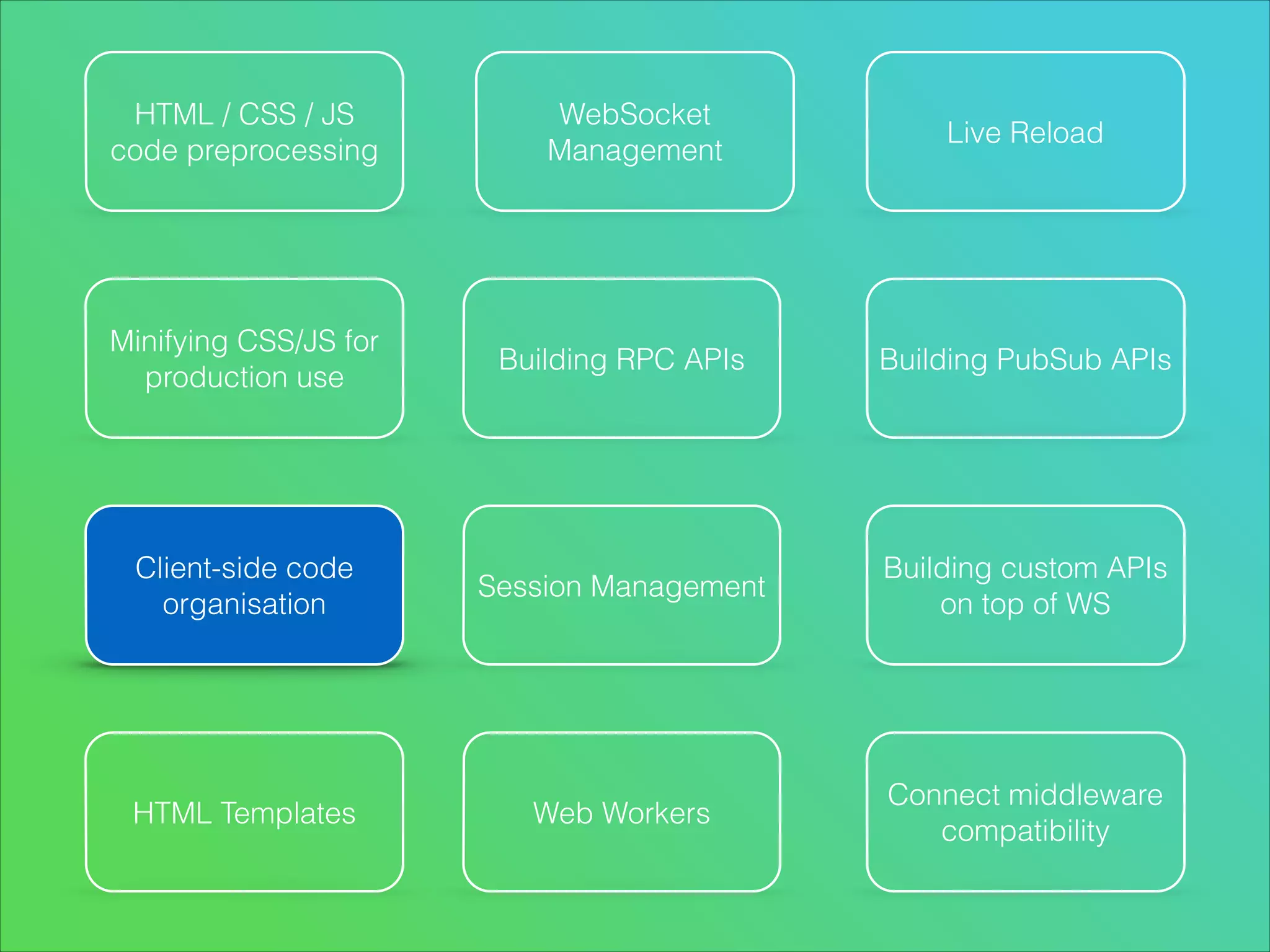 HTML / CSS / JS
code preprocessing

Minifying CSS/JS for
production use

Client-side code
organisation

HTML Templates

WebSocket
Management

Live Reload

Building RPC APIs

Building PubSub APIs

Session Management

Building custom APIs
on top of WS

Web Workers

Connect middleware
compatibility

 