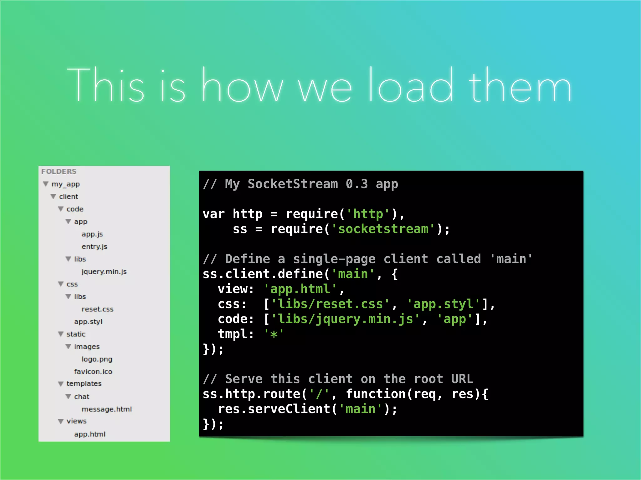 This is how we load them
// My SocketStream 0.3 app

!

var http = require('http'),
ss = require('socketstream');

!

// Define a single-page client called 'main'
ss.client.define('main', {
view: 'app.html',
css: ['libs/reset.css', 'app.styl'],
code: ['libs/jquery.min.js', 'app'],
tmpl: '*'
});

!

// Serve this client on the root URL
ss.http.route('/', function(req, res){
res.serveClient('main');
});

 