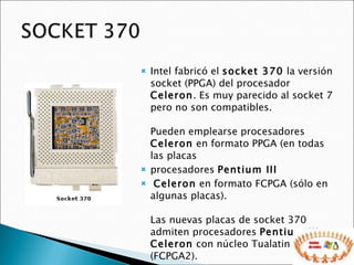 Intel fabricó el  socket 370  la versión socket (PPGA) del procesador  Celeron . Es muy parecido al socket 7 pero no son compatibles.  Pueden emplearse procesadores  Celeron  en formato PPGA (en todas las placas procesadores  Pentium III   Celeron  en formato FCPGA (sólo en algunas placas).  Las nuevas placas de socket 370 admiten procesadores  Pentium III  y  Celeron  con núcleo Tualatin (FCPGA2). 