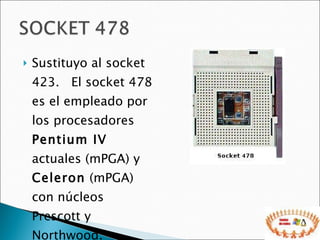 Sustituyo al socket 423.  El socket 478 es el empleado por los procesadores  Pentium IV  actuales (mPGA) y  Celeron  (mPGA) con núcleos Prescott y Northwood. 