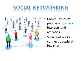 • Communities of
  people who share
  interests and
  activities
• Social networks
  connect people at
  low cost
 