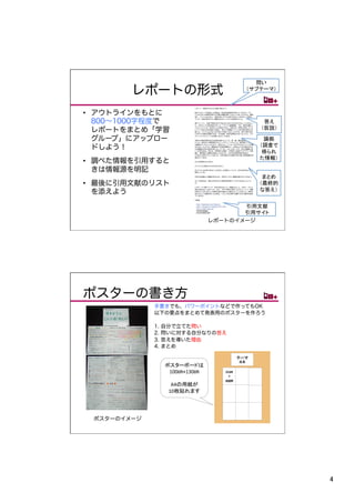 問い	
  
        レポートの形式                                       （サブテーマ）	



•  アウトラインをもとに
   800∼1000字程度で                                             答え	
  
   レポートをまとめ「学習                                             （仮説）	

   グループ」にアップロー                                              論拠	
  
   ドしよう！                                                   （調査で
                                                            得られ
                                                           た情報）	
•  調べた情報を引用すると
   きは情報源を明記
                                                            まとめ
•  最後に引用文献のリスト                                             （最終的
   を添えよう                                                   な答え）	


                                          引用文献	
  
                                          引用サイト	
                                   レポートのイメージ




ポスターの書き方 
             手書きでも、パワーポイントなどで作ってもOK
             以下の要点をまとめて発表用のポスターを作ろう

             1.   自分で立てた問い
             2.   問いに対する自分なりの答え
             3.   答えを導いた理由
             4.   まとめ
             	
                                  テーマ	
  
                                                  氏名	
                  ポスターボードは	
  
                   100㎝×130㎝	
         21㎝	
  
                                         ×	
  
                       	
              30㎝	
                    A4の用紙が	
  
                   10枚貼れます	
  




 ポスターのイメージ




                                                                     4	
 
