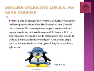 
Fedora é uma distribuição não comercial do Linux voltada para
desktop e patrocinada pela Red Hat Enterprise Linux (dona da
marca Fedora). Ela nasceu quando a empresa norte-americana
decidiu investir em uma versão comercial do Linux, o Red Hat.
Esta tem como prioridade o uso do computador como estação de
trabalho é muito usada pela comunidade. Além de uma ampla
gama de ferramentas de escritório, possui funções de servidor e
aplicativos.
Fig.9 Fedora
Cláudia Pereira 13
 