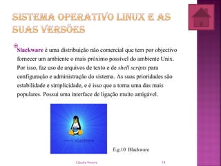 
Slackware é uma distribuição não comercial que tem por objectivo
fornecer um ambiente o mais próximo possível do ambiente Unix.
Por isso, faz uso de arquivos de texto e de shell scripts para
configuração e administração do sistema. As suas prioridades são
estabilidade e simplicidade, e é isso que a torna uma das mais
populares. Possui uma interface de ligação muito amigável.
fi.g.10 Blackware
Cláudia Pereira 14
 