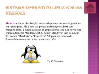 Mandriva é uma distribuição que está disponível em versão gratuita e
em versão paga. Ela é uma das poucas distribuições Linux com
presença global e surgiu da fusão da empresa brasileira Conectiva e da
empresa francesa MandrakeSoft. O nome "Mandriva" vem da junção
dos nomes "Mandrake" e "Conectiva".Adoptou um modelo de
desenvolvimento aberto antes de outras versões.
Fig.12 Mandriva
Cláudia Pereira 16
 