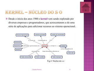  Desde o início dos anos 1980 o kernel vem sendo explorado por
diversas empresas e programadores, que acrescentaram a ele uma
série de aplicações para adicionar recursos ao sistema operacional.
Fig.4 Núcleo do s o
Cláudia Pereira 6
 