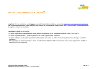 LES GRILLES DE RÉFÉRENCES                                             PALIER   2


Les grilles de références constituent un outil pédagogique au service de l’évaluation des élèves à chacun des paliers du socle commun de connaissances et de compétences.
Elles fournissent des indications pour aider les enseignants dans l’évaluation des acquis des élèves. Elles explicitent les items du livret personnel de compétences et précisent
les exigences à chaque niveau de validation.


Les grilles sont organisées sur trois colonnes :
- la colonne « items » reprend l’intégralité des items du livret personnel de compétences pour les sept grandes compétences au palier 2 (fin du cycle III) ;
- la colonne « explicitation des items » apporte des précisions en lien avec les programmes et les progressions ;
- la colonne « indications pour l’évaluation » propose des modalités possibles de l’évaluation, des critères d’observation et précise le niveau attendu pour évaluer l’item
  positivement.
  Elle comporte aussi des recommandations pour la mise en œuvre de l’évaluation et des liens actifs vers des documents d’aide qui seront progressivement complétés et
  étendus aux différentes compétences.




Direction générale de l'enseignement scolaire                                                                                                                       Page 1 sur 61
© Ministère de l'éducation nationale, de la jeunesse et de la vie associative
 