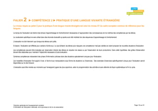 PALIER         2        COMPÉTENCE 2  PRATIQUE D’UNE LANGUE VIVANTE ÉTRANGÈRE

Le niveau requis au palier 2 pour la pratique d’une langue vivante étrangère est celui du niveau A1 du cadre européen commun de référence pour les
langues.
Le temps de l’évaluation est distinct des temps d’apprentissage et d’entraînement nécessaires à l’appropriation des connaissances et à la maîtrise des compétences par les élèves.

Le vocabulaire spécifique ne sera utilisé dans des énoncés évaluatifs qu’après avoir été mobilisé lors des séquences d’apprentissage et d’entraînement.

L’évaluation ne doit intervenir que lorsque les élèves sont prêts.

Si besoin, l’évaluation est différée pour certains d’entre eux. Le cas échéant, les élèves pour lesquels une compétence n’est pas validée se voient proposer de nouvelles situations d’évaluation.

Les compétences peuvent être évaluées par observation directe des élèves en situation de classe ou par l'observation de leurs productions. Dans cette hypothèse, des grilles d'observation
doivent être élaborées pour maintenir l'objectivité nécessaire à toute évaluation.

Certaines compétences nécessitent des prises d'information précises dans des situations spécialement conçues pour l'évaluation.

Les modalités d’évaluation font appel à l’oral, à l’écrit et aux manipulations sous forme de situations ou d’exercices. Des exemples d’exercices spécifiquement conçus pour l’évaluation seront
disponibles sur le site Eduscol.

L’évaluation peut être menée aux moments que l’enseignant jugera les plus opportuns, selon la programmation des activités et sans attendre de façon systématique la fin du cycle.




Direction générale de l'enseignement scolaire                                                                                                                                      Page 18 sur 61
© Ministère de l'éducation nationale, de la jeunesse et de la vie associative
 