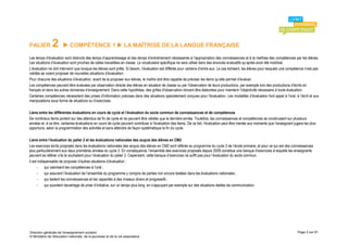 PALIER         2        COMPÉTENCE 1  LA MAÎTRISE DE LA LANGUE FRANÇAISE

Les temps d’évaluation sont distincts des temps d’apprentissage et des temps d’entraînement nécessaires à l’appropriation des connaissances et à la maîtrise des compétences par les élèves.
Les situations d’évaluation sont proches de celles travaillées en classe. Le vocabulaire spécifique ne sera utilisé dans des énoncés évaluatifs qu’après avoir été mobilisé.
L’évaluation ne doit intervenir que lorsque les élèves sont prêts. Si besoin, l’évaluation est différée pour certains d’entre eux. Le cas échéant, les élèves pour lesquels une compétence n’est pas
validée se voient proposer de nouvelles situations d’évaluation.
Pour chacune des situations d’évaluation, avant de la proposer aux élèves, le maître doit être capable de préciser les items qu’elle permet d’évaluer.
Les compétences peuvent être évaluées par observation directe des élèves en situation de classe ou par l'observation de leurs productions, par exemple lors des productions d’écrits en
français et dans les autres domaines d’enseignement. Dans cette hypothèse, des grilles d'observation doivent être élaborées pour maintenir l'objectivité nécessaire à toute évaluation.
Certaines compétences nécessitent des prises d'information précises dans des situations spécialement conçues pour l'évaluation. Les modalités d’évaluation font appel à l’oral, à l’écrit et aux
manipulations sous forme de situations ou d’exercices.

Liens entre les différentes évaluations en cours de cycle et l’évaluation du socle commun de connaissances et de compétences
De nombreux items portent sur des attendus de fin de cycle et ne peuvent être validés que la dernière année. Toutefois, les connaissances et compétences se construisent sur plusieurs
années et, à ce titre, certaines évaluations en cours de cycle peuvent contribuer à l’évaluation des items. De ce fait, l’évaluation peut être menée aux moments que l’enseignant jugera les plus
opportuns, selon la programmation des activités et sans attendre de façon systématique la fin du cycle.

Liens entre l’évaluation du palier 2 et les évaluations nationales des acquis des élèves en CM2
Les exercices écrits proposés dans les évaluations nationales des acquis des élèves en CM2 sont référés au programme du cycle 3 de l’école primaire, et pour ce qui est des connaissances
plus particulièrement aux deux premières années du cycle 3. En conséquence, l’ensemble des exercices proposés depuis 2009 constitue une banque d’exercices à laquelle les enseignants
peuvent se référer s’ils le souhaitent pour l’évaluation du palier 2. Cependant, cette banque d’exercices ne suffit pas pour l’évaluation du socle commun.
Il est indispensable de proposer d’autres situations d’évaluation :
      - qui valorisent les compétences à l’oral ;
      - qui assurent l’évaluation de l’ensemble du programme y compris de parties non encore testées dans les évaluations nationales ;
      - qui testent les connaissances et les capacités à des niveaux divers et progressifs ;
      - qui suscitent davantage de prise d’initiative, sur un temps plus long, en s’appuyant par exemple sur des situations réelles de communication.




Direction générale de l'enseignement scolaire                                                                                                                                        Page 2 sur 61
© Ministère de l'éducation nationale, de la jeunesse et de la vie associative
 