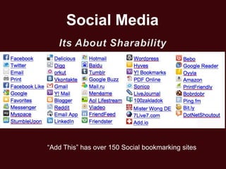 Social Media




―Add This‖ has over 150 Social bookmarking sites
 