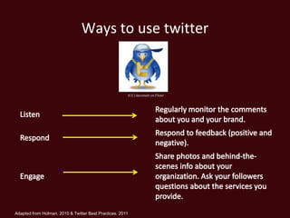 Ways to use twitter


                                                           (CC) davemott on Flickr




Adapted from Holman, 2010 & Twitter Best Practices. 2011
 