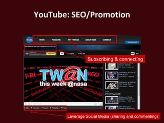 YouTube: SEO/Promotion



                 Subscribing & connecting




       Leverage Social Media (sharing and commenting)
 