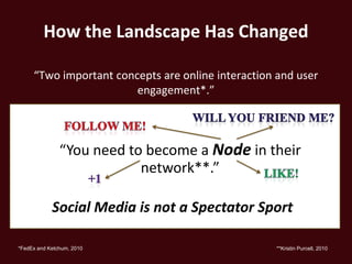 How the Landscape Has Changed

     “Two important concepts are online interaction and user
                        engagement*.”



               “You need to become a Node in their
                           network**.”

            Social Media is not a Spectator Sport

*FedEx and Ketchum, 2010                           **Kristin Purcell, 2010
 