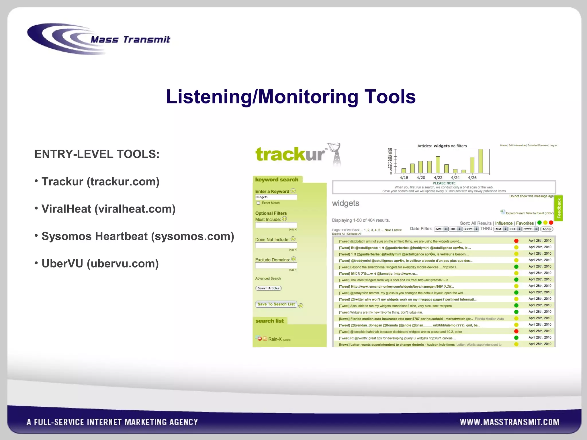 Listening/Monitoring Tools
ENTRY-LEVEL TOOLS:
• Trackur (trackur.com)
• ViralHeat (viralheat.com)
• Sysomos Heartbeat (sysomos.com)
• UberVU (ubervu.com)
 