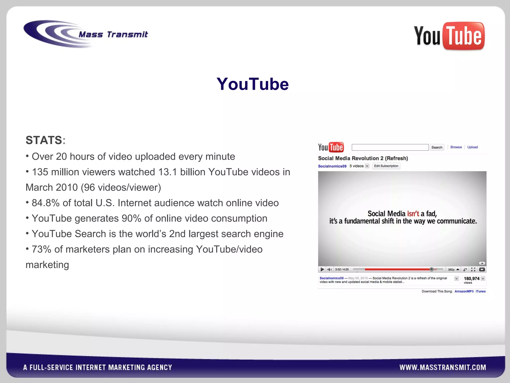 YouTube
STATS:
• Over 20 hours of video uploaded every minute
• 135 million viewers watched 13.1 billion YouTube videos in
March 2010 (96 videos/viewer)
• 84.8% of total U.S. Internet audience watch online video
• YouTube generates 90% of online video consumption
• YouTube Search is the world’s 2nd largest search engine
• 73% of marketers plan on increasing YouTube/video
marketing
 