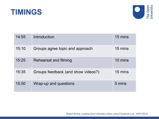 04/01/2018
TIMINGS
Speed filming: creating short sharable videos using Facebook Live
14:55 Introduction 15 mins
15:10 Groups agree topic and approach 15 mins
15:25 Rehearsal and filming 10 mins
15:35 Groups feedback (and show videos?) 15 mins
15:50 Wrap-up and questions 5 mins
 