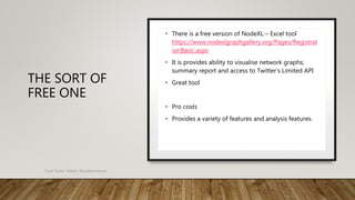 THE SORT OF
FREE ONE
• There is a free version of NodeXL – Excel tool
https://www.nodexlgraphgallery.org/Pages/Registrat
ionBasic.aspx
• It is provides ability to visualise network graphs;
summary report and access to Twitter’s Limited API
• Great tool
• Pro costs
• Provides a variety of features and analysis features.
Scott Turner Twitter: @scottturneruon
 
