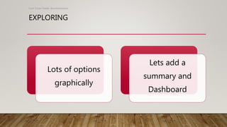 EXPLORING
Scott Turner Twitter: @scottturneruon
Lots of options
graphically
Lets add a
summary and
Dashboard
 