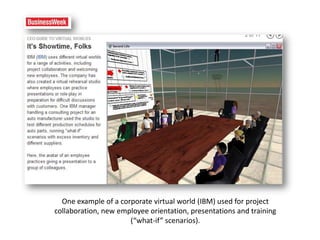 One example of a corporate virtual world (IBM) used for project
collaboration, new employee orientation, presentations and training
                      (“what-if” scenarios).
 