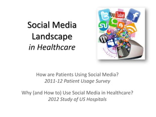 Social Media
   Landscape
   in Healthcare


      How are Patients Using Social Media?
         2011-12 Patient Usage Survey

Why (and How to) Use Social Media in Healthcare?
          2012 Study of US Hospitals
 