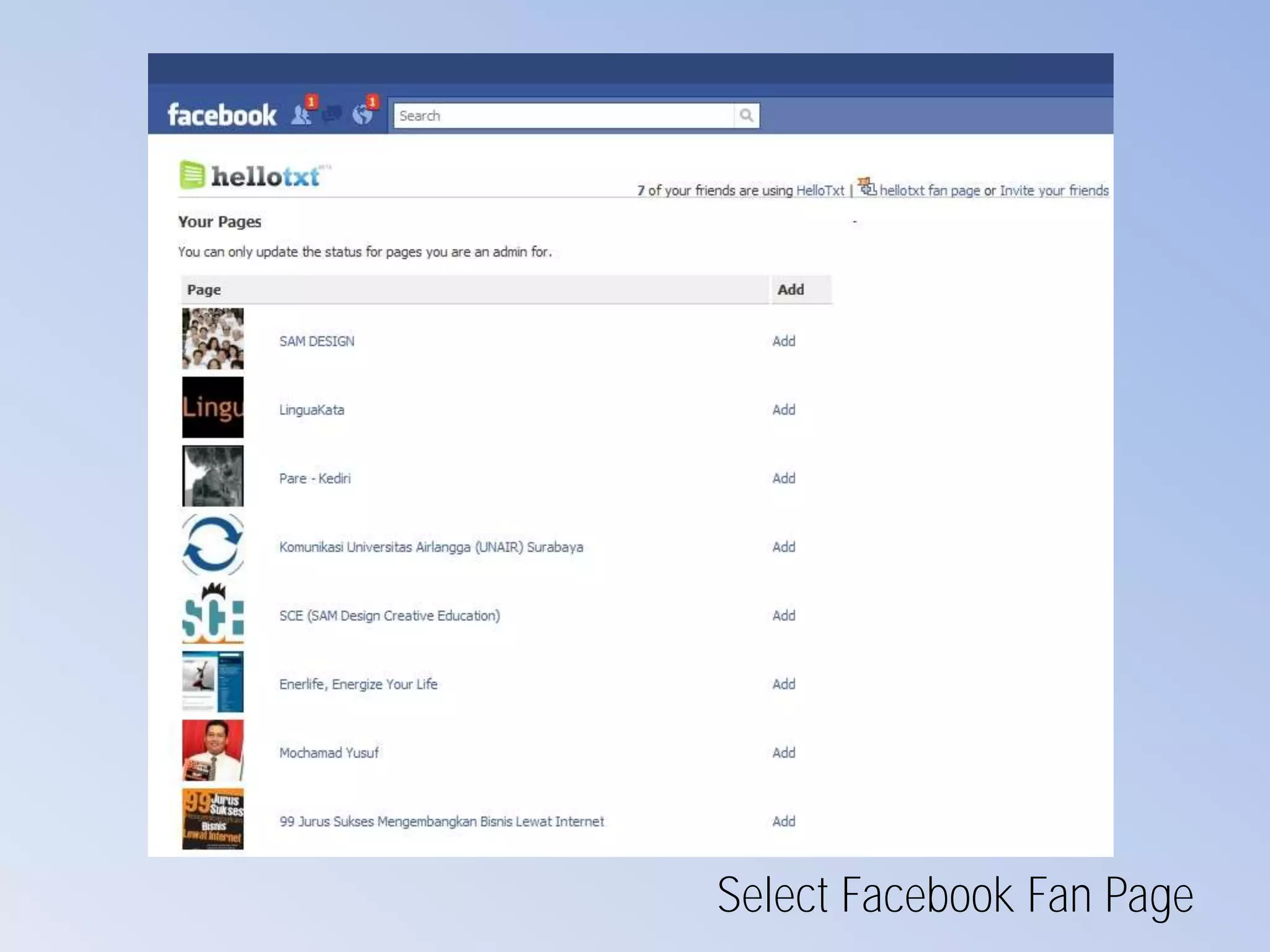 Select Facebook Fan Page
 