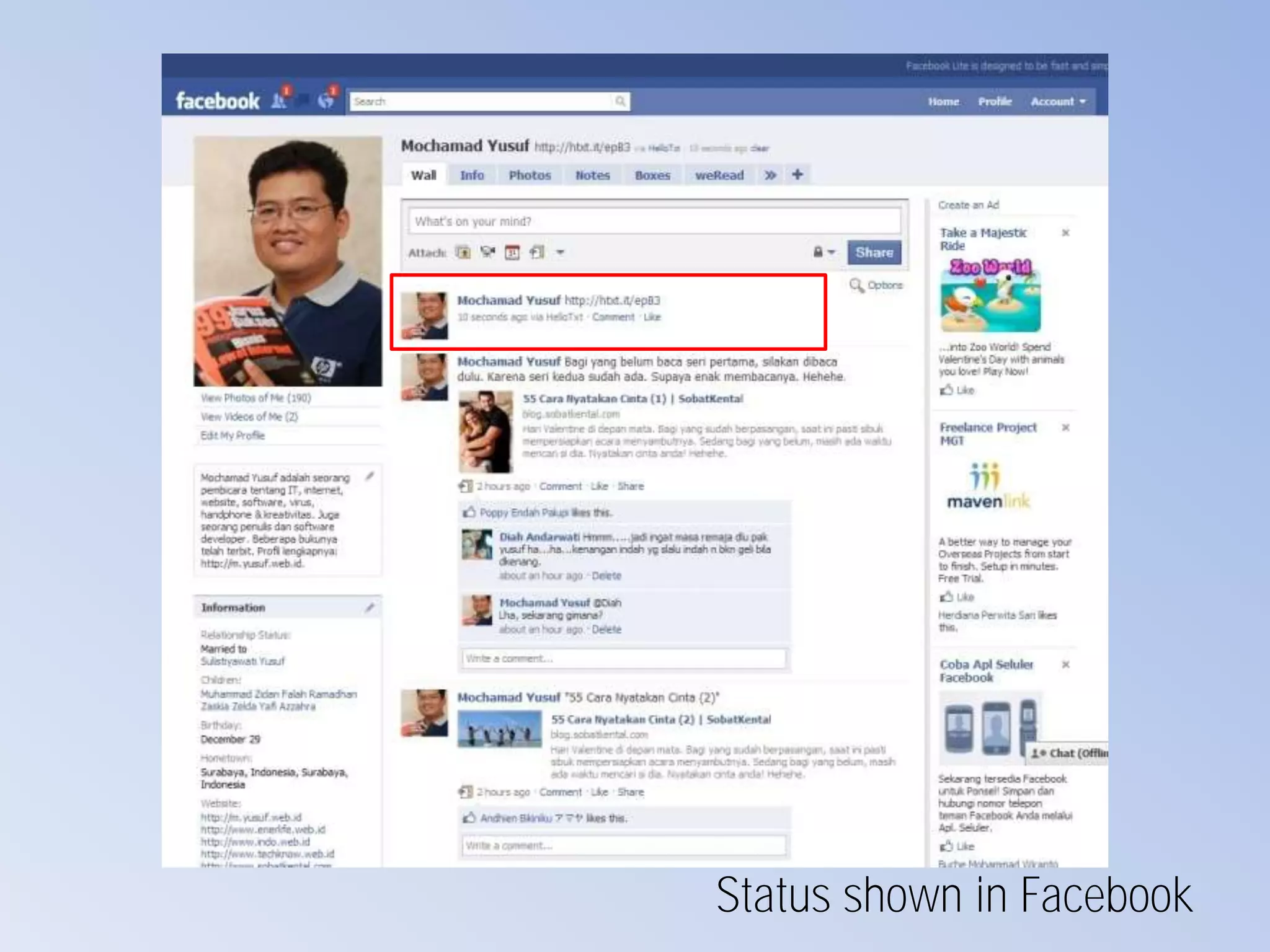 Status shown in Facebook
 