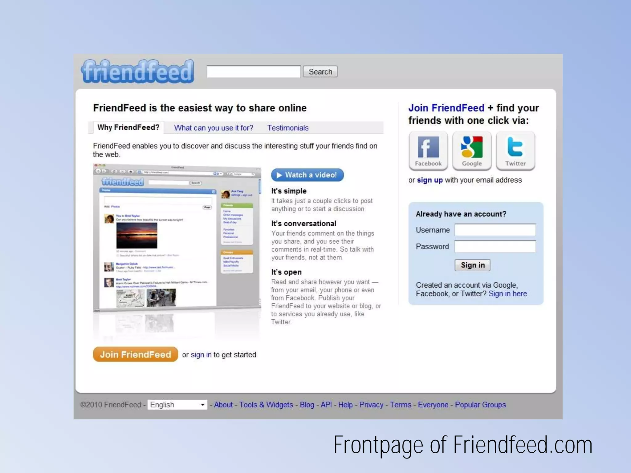 Frontpage of Friendfeed.com
 