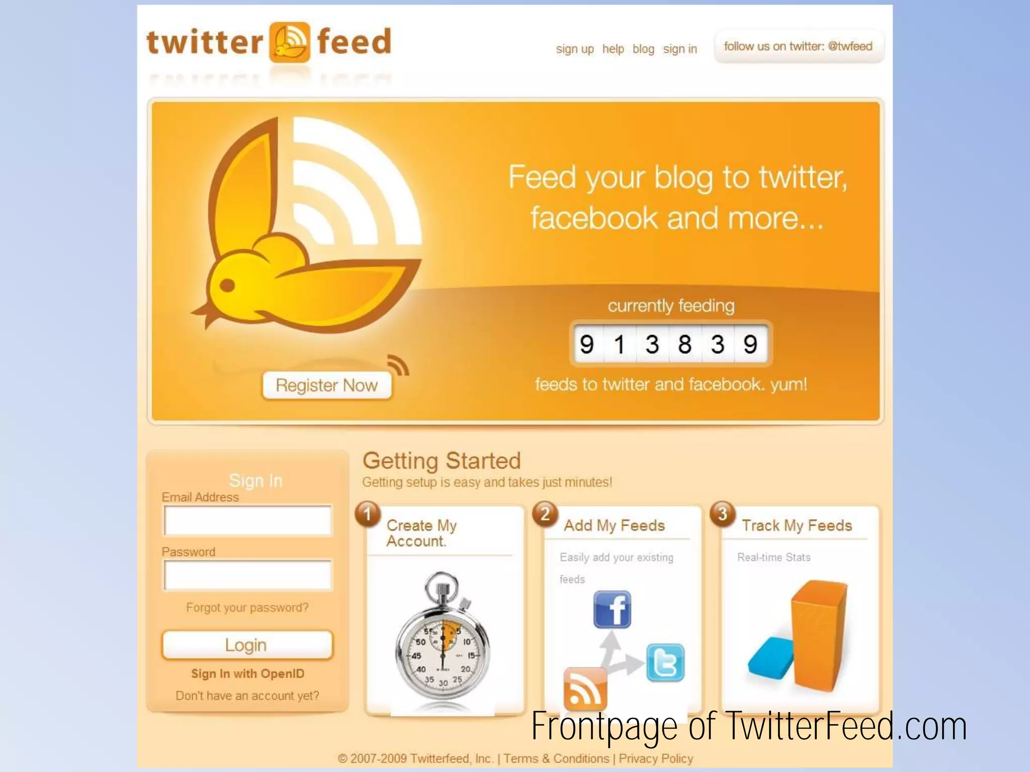 Frontpage of TwitterFeed.com
 