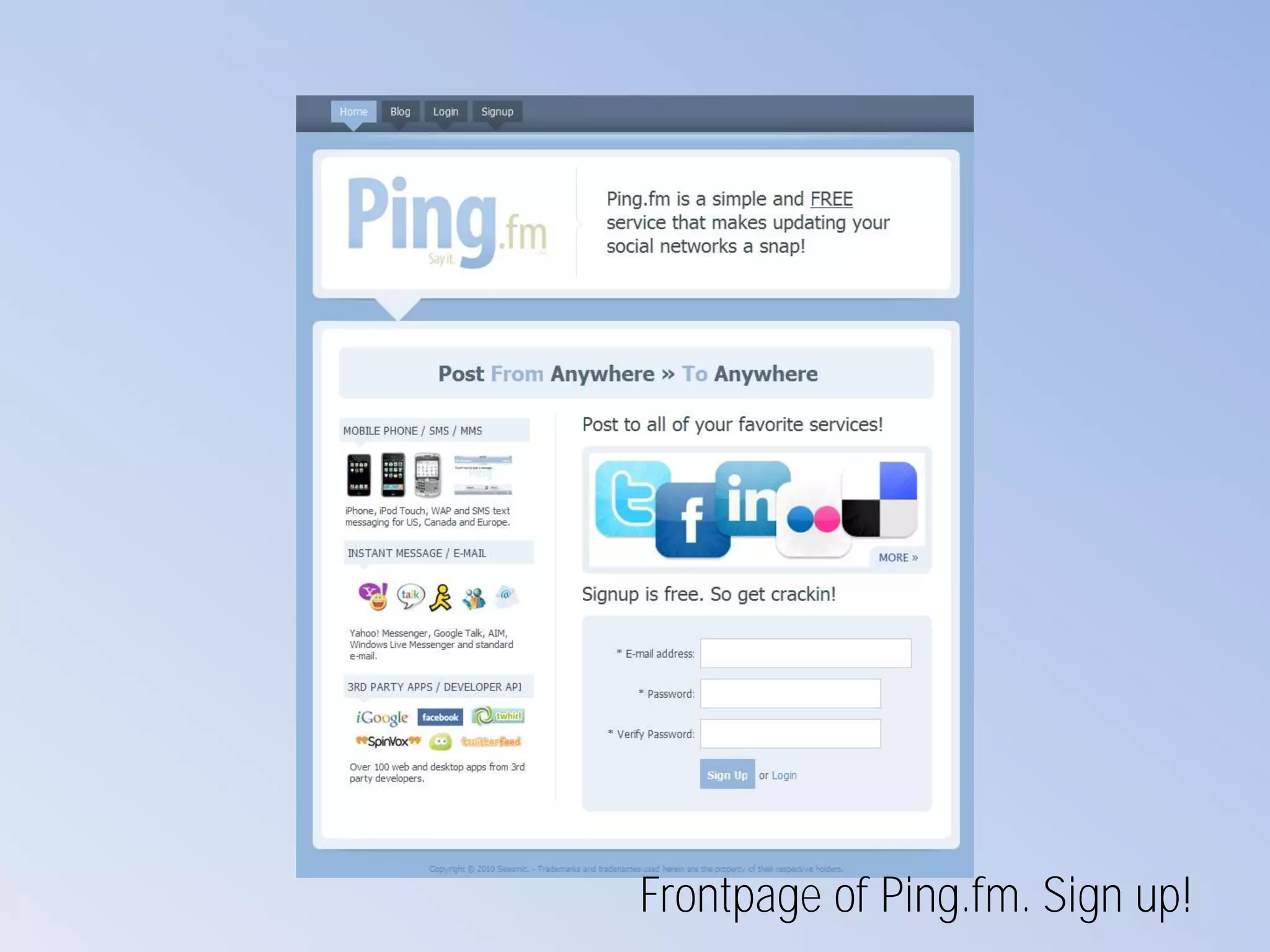Frontpage of Ping.fm. Sign up!
 