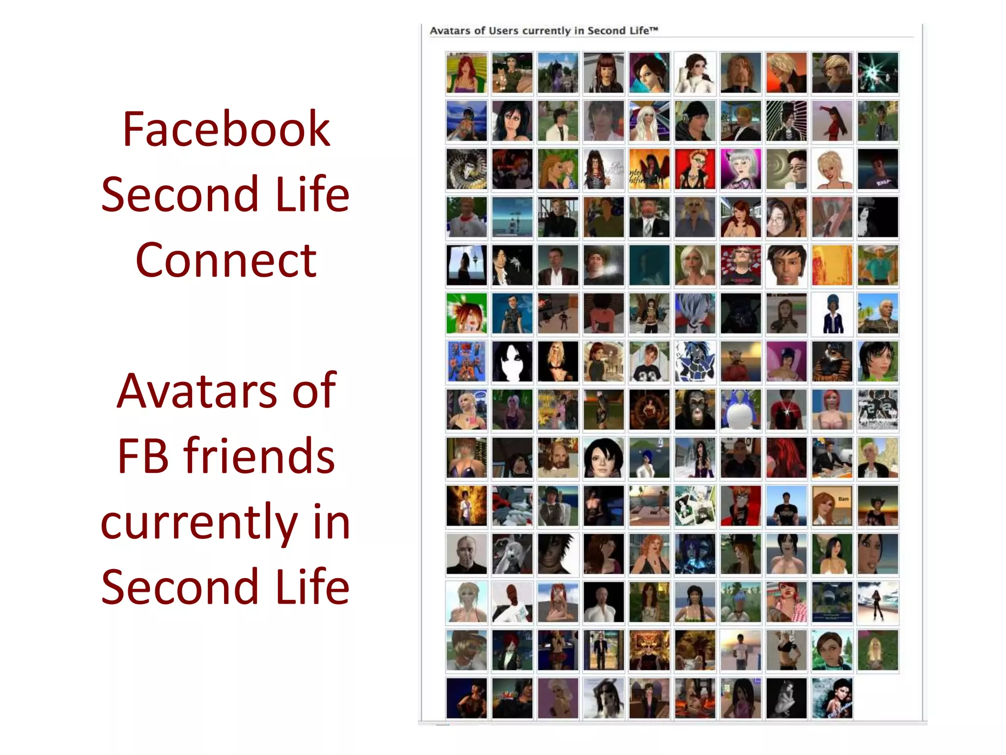 Facebook  Second LifeConnectAvatars of FB friends currently in Second Life