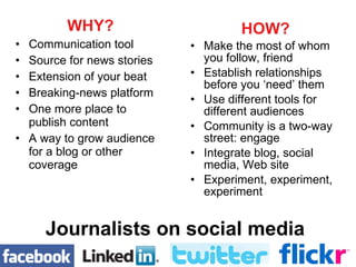 Journalists on social media WHY use it? Find leads Find new sources Crowdsource Notice trends Broadcast breaking news  Promote your stories Grow audience for a blog Share drafts (really) 