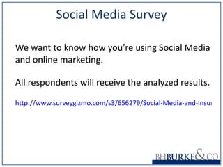 Social Media Survey We want to know how you’re using Social Media and online marketing. All respondents will receive the analyzed results. http://www.surveygizmo.com/s3/656279/Social-Media-and-Insurance-Agencies-What-is-the-Real-Deal 