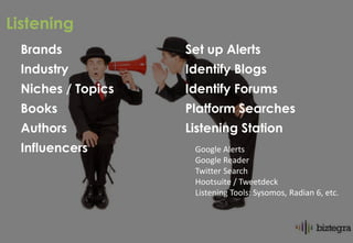 Listening
 Brands            Set up Alerts
 Industry          Identify Blogs
 Niches / Topics   Identify Forums
 Books             Platform Searches
 Authors           Listening Station
 Influencers        Google Alerts
                    Google Reader
                    Twitter Search
                    Hootsuite / Tweetdeck
                    Listening Tools: Sysomos, Radian 6, etc.
 