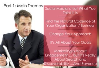 Part 1: Main Themes
                      Social Media is Not What You
                               Think It Is

                      Find the Natural Cadence of
                      Your Organization / Business

                        Change Your Approach

                         It’s All About Your Goals

                           Marketing Is About
                      Engagement … But It’s Really
                            About Search and
                      Discoverability …And Revenue
 