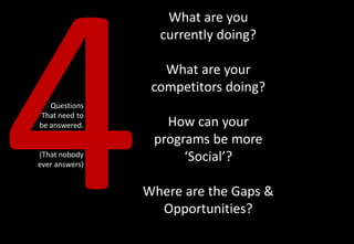 What are you
                  currently doing?

                   What are your
                 competitors doing?
   Questions
That need to
be answered.       How can your
                 programs be more
(That nobody
ever answers)
                      ‘Social’?

                Where are the Gaps &
                  Opportunities?
 