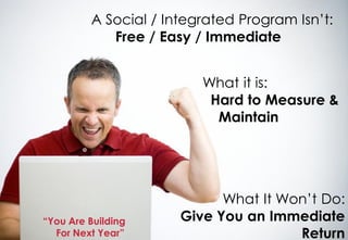A Social / Integrated Program Isn’t:
            Free / Easy / Immediate


                         What it is:
                          Hard to Measure &
                           Maintain




                            What It Won’t Do:
“You Are Building     Give You an Immediate
  For Next Year”                      Return
 