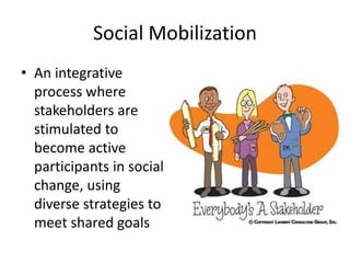 Social Mobilization
• An integrative
process where
stakeholders are
stimulated to
become active
participants in social
change, using
diverse strategies to
meet shared goals
 