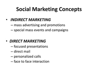 Social Marketing Concepts
• INDIRECT MARKETING
– mass advertising and promotions
– special mass events and campaigns
• DIRECT MARKETING
– focused presentations
– direct mail
– personalized calls
– face to face interaction
 