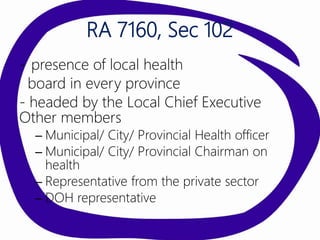 RA 7160, Sec 102
- presence of local health
board in every province
- headed by the Local Chief Executive
Other members
– Municipal/ City/ Provincial Health officer
– Municipal/ City/ Provincial Chairman on
health
– Representative from the private sector
– DOH representative
 