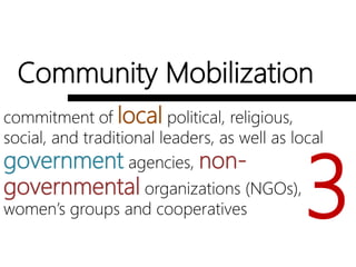 Community Mobilization
commitment of local political, religious,
social, and traditional leaders, as well as
local government agencies, non-
governmental organizations (NGOs),
women’s groups and cooperatives 3
 
