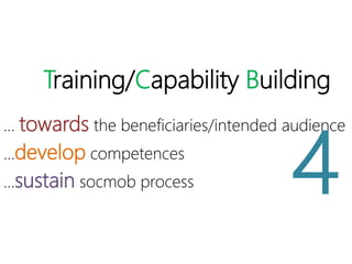 Training/Capability
Building
… towards the beneficiaries/intended
audience
…develop competences
…sustain socmob process
4
 