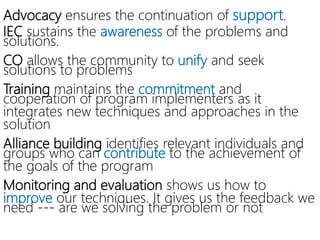 Advocacy ensures the continuation of support.
IEC sustains the awareness of the problems and
solutions.
CO allows the community to unify and seek
solutions to problems
Training maintains the commitment and
cooperation of program implementers as it
integrates new techniques and approaches in
the solution
Alliance building identifies relevant individuals
and groups who can contribute to the
achievement of the goals of the program
Monitoring and evaluation shows us how to
improve our techniques. It gives us the
feedback we need --- are we solving the
problem or not
 