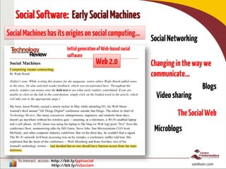 To interact, access: http://bit.ly/pptsocial
http://bit.ly/isSociam vanilson.com
SocialSoftware: EarlySocialMachines
SocialNetworking
Blogs
Videosharing
Microblogs
TheSocialWeb
Changinginthewaywe
communicate…
Web2.0
SocialMachineshasitsoriginsonsocialcomputing…
InitialgenerationofWeb-basedsocial
software
 