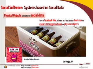 To interact, access: http://bit.ly/pptsocial
http://bit.ly/isSociam vanilson.com
SocialSoftware: SystemsbasedonSocialData
PhysicalObjectscontrolled bysocialdata
iStrategyLabs
TurnaFacebooklike,aTweetoraFourSquarecheck-ininto
eventstotriggeractionsonphysicalobjects
 