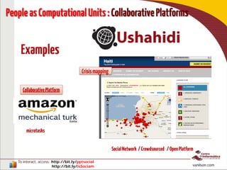 To interact, access: http://bit.ly/pptsocial
http://bit.ly/isSociam vanilson.com
microtasks
SocialNetwork /Crowdsourced /OpenPlatform
PeopleasComputationalUnits:CollaborativePlatforms
Collaborative Platform
 