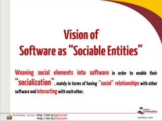 To interact, access: http://bit.ly/pptsocial
http://bit.ly/isSociam vanilson.com
Visionof
Softwareas“SociableEntities”
Weaving social elements into software in order to enable their
“socialization”, mainly in terms of having “social” relationships with other
softwareandinteractingwitheachother.
 