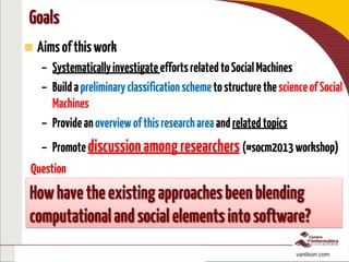 To interact, access: http://bit.ly/pptsocial
http://bit.ly/isSociam vanilson.com
 Aimsofthiswork
– SystematicallyinvestigateeffortsrelatedtoSocialMachines
– BuildapreliminaryclassificationschemetostructurethescienceofSocial
Machines
– Provideanoverviewofthisresearchareaandrelatedtopics
– Promotediscussionamongresearchers(#socm2013workshop)
Goals
Howhavetheexistingapproachesbeenblending
computationalandsocialelementsintosoftware?
Question
 