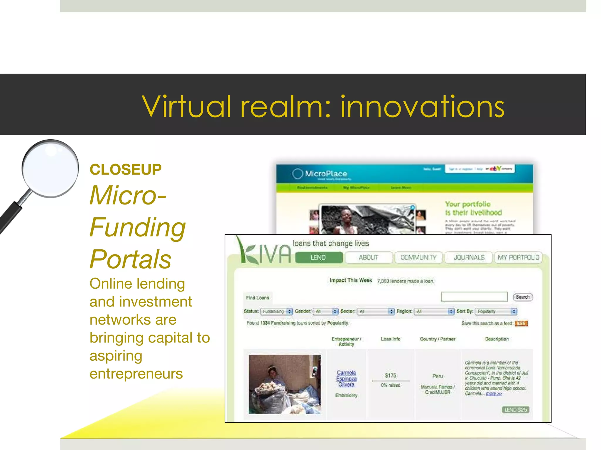 CLOSEUP Micro- Funding Portals Online lending  and investment networks are bringing capital to aspiring entrepreneurs Virtual realm: innovations 