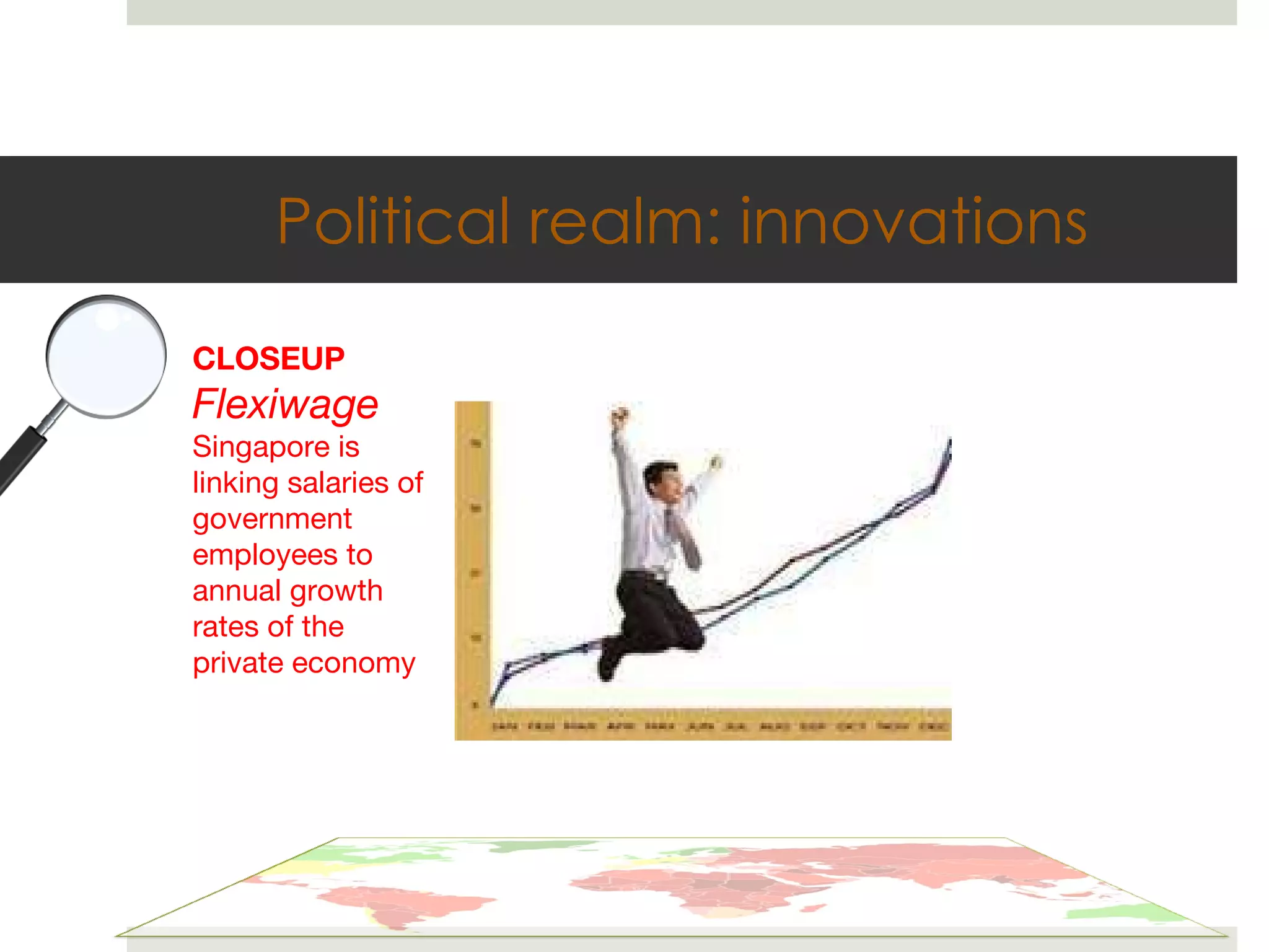 Political realm: innovations CLOSEUP Flexiwage Singapore is linking salaries of government employees to annual growth rates of the private economy 